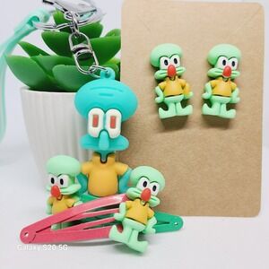 Squidward Keychain Earrings Hair Clips Nickelodeon Cartoon Accessory Set NWOT